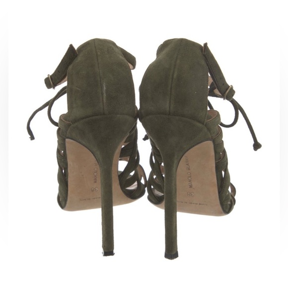Manolo Blahnik Vostra Strappy Suede Lace Up Open Toe Heels Green sz 38 - Picture 4 of 5